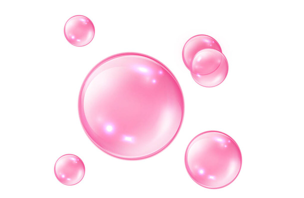 Pink Collagen bubbles on white background. Fizzy sparkles. Bubble gum - Vector, imagen