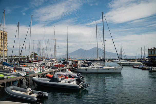 Marina in the south of Naples, Italy. Calm spring sunny day. Specially equipped harbor for yachts, boats and other small boats - Photo, Image