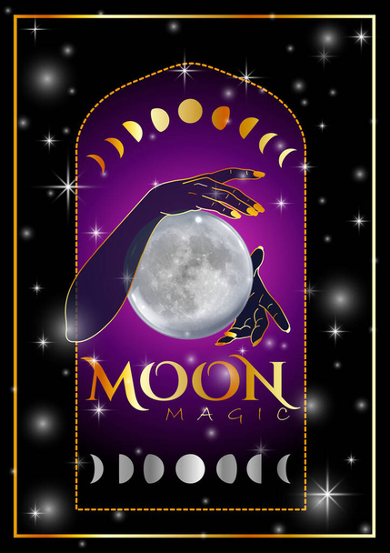 Ritual de brujería con luna llena y fases de luna menguante creciente - Vector, Imagen