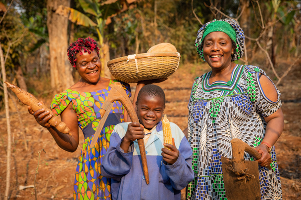 gruppo di agricoltori africani si divertono nei campi, hanno le zappe in mano e sono pronti ad arare il campo, bambino con il cesto di raccolti in testa - Foto, immagini