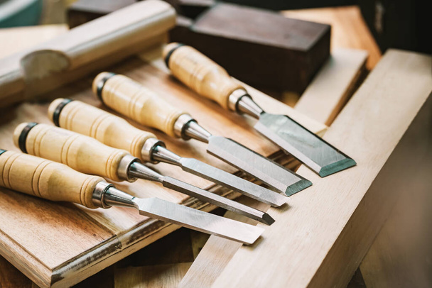 chisels for woodworking, carpentry, and carving on table,woodworking concept . selective focus - Fotó, kép