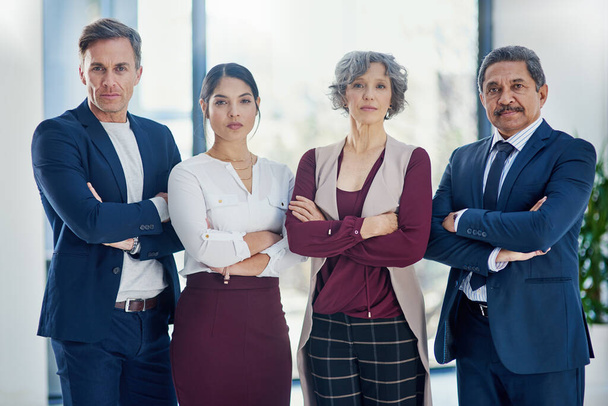 We dont joke about business. Cropped portrait of a diverse group of businesspeople standing with their arms crossed in the office. - 写真・画像