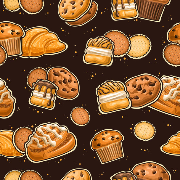 Vector Pékség zökkenőmentes minta, ismételt háttér készlet kivágott illusztrációk édes pékség, Marie cookie, hagyományos francia édességek pudingkrémmel, szitálás dán fahéjas sötét háttér - Vektor, kép