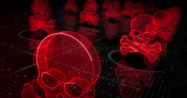 Skull pirate, online cyberattack, hack, threat and breach security symbol abstract cyber concept. Digital technology and computer background seamless and looped 3d animation. - 映像、動画