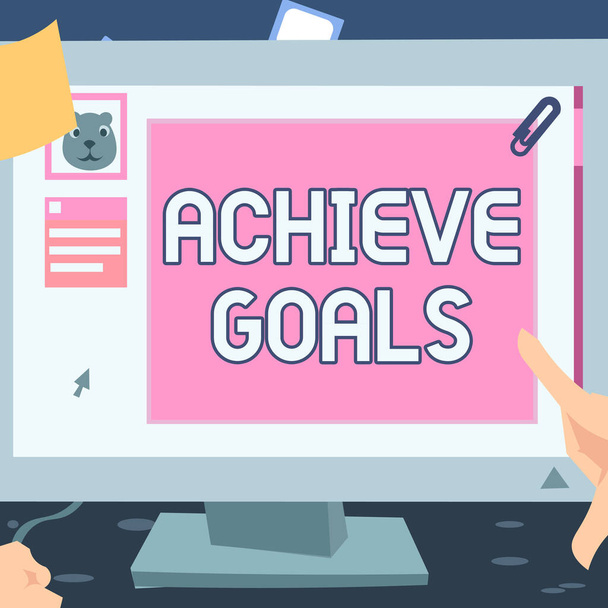 Writing displaying text Achieve Goals. Concept meaning Results oriented Reach Target Effective Planning Succeed Hand Touching Desktop Inside Web Browser Showing Recent Technology. - Photo, Image