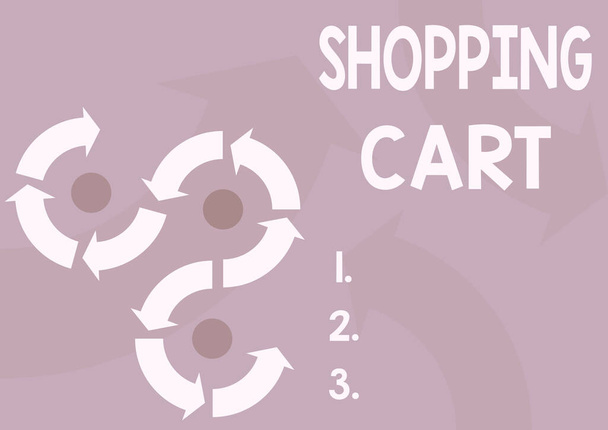 Conceptual caption Shopping Cart. Business idea Case Trolley Carrying Groceries and Merchandise Arrow sign symbolizing successfully accomplishing project cycles. - Photo, Image