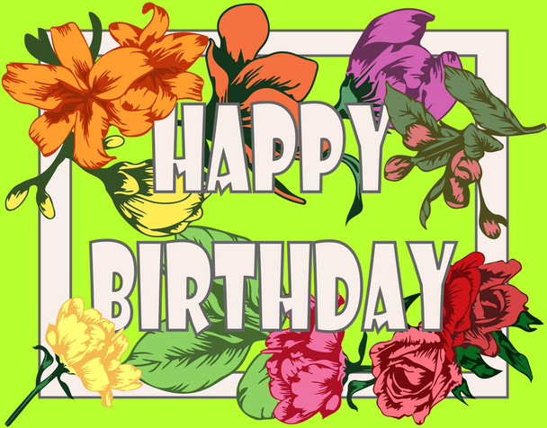 Tarjeta de felicitación Feliz cumpleaños con tipografía arte y flores florecientes jardín - Foto, Imagen