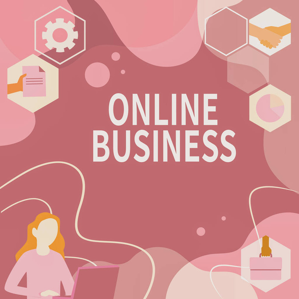 Käsitteellinen näyttö Online Business. Käsitteen merkitys Kaupalliset liiketoimet tietojen jakaminen internetissä Nainen Innovatiivinen ajattelu Johtavat ideat Kohti vakaata tulevaisuutta. - Valokuva, kuva