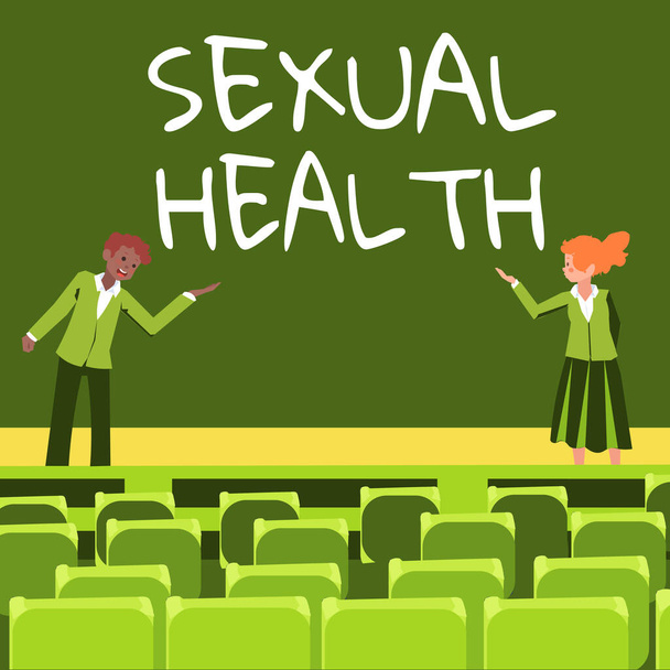 Fogalmi felirat Szexuális egészség. Internet Concept Egészségesebb test Kielégítő szexuális élet Pozitív kapcsolatok Férfi és női kollégák kézmozdulatokkal prezentálnak a színpadon. - Fotó, kép