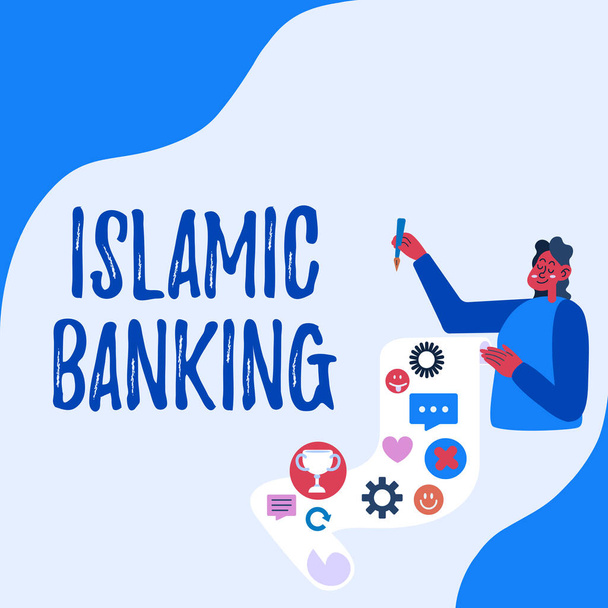 手書きの看板イスラム銀行。ビジネスショーケースイスラム法の原則に基づく銀行システム女性は、彼女の業績目標プロジェクトのアイデアを示す論文を発表. - 写真・画像