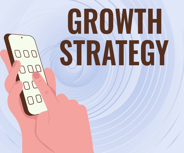 Writing displaying text Growth Strategy. Word Written on Strategy aimed at winning larger market share in shortterm Hands Holding Technological Device Pressing Application Button. - Photo, Image