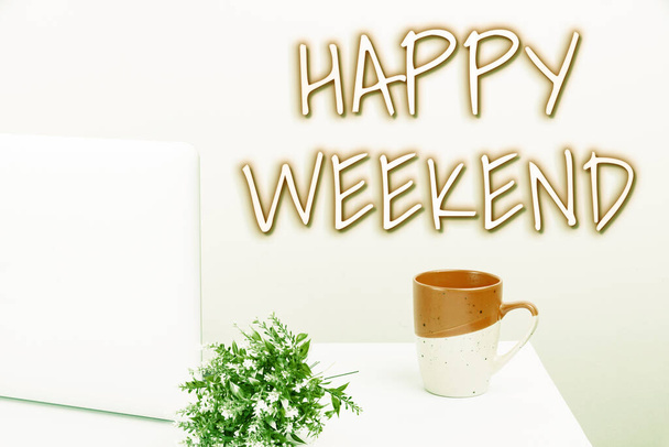Writing displaying text Happy Weekend. Business approach Cheerful rest day Time of no office work Spending holidays Tidy Workspace Setup, Writing Desk Tools Equipment, Smart Office - Photo, Image