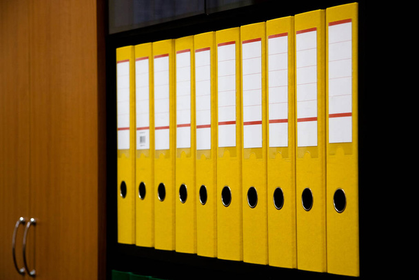 row of folders for papers and documentation on a shelf in the office - Photo, Image