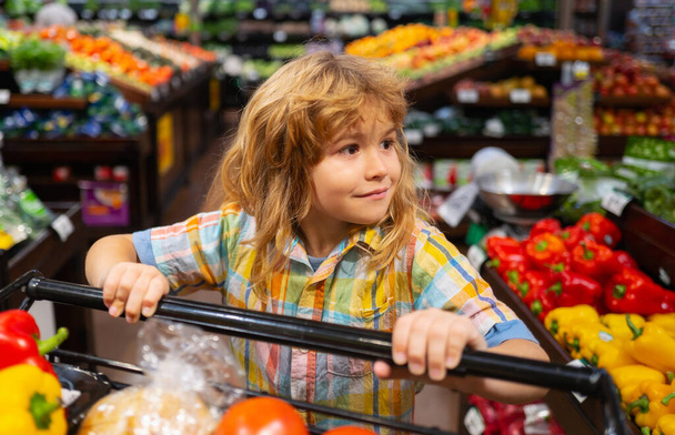 Child boy is shopping in a supermarket. Kids shopping in supermarket. - Foto, immagini