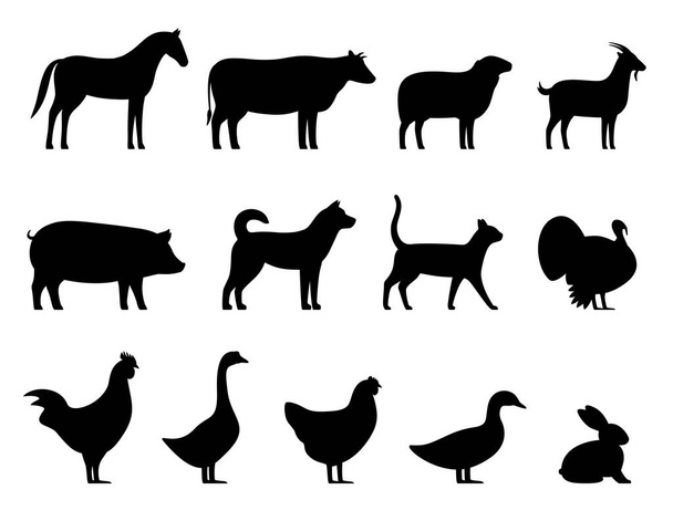 家畜、農場の動物の黒いアイコンセット、ベクトルイラスト - ベクター画像