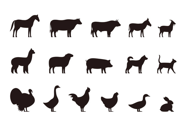 Zwierzęta gospodarskie, Zwierzęta gospodarskie i ich dzieci, zestaw czarnych ikon, ilustracja wektor - Wektor, obraz