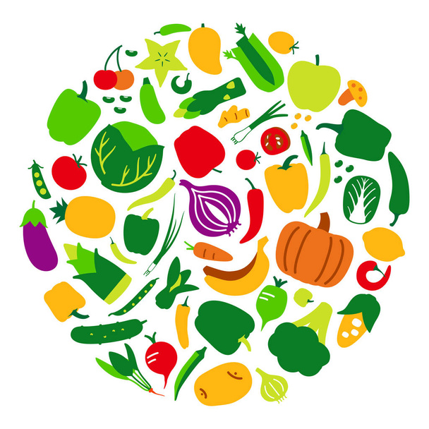 Vegetables and fruit icon set in a circle, vector illustration - Vector, Image