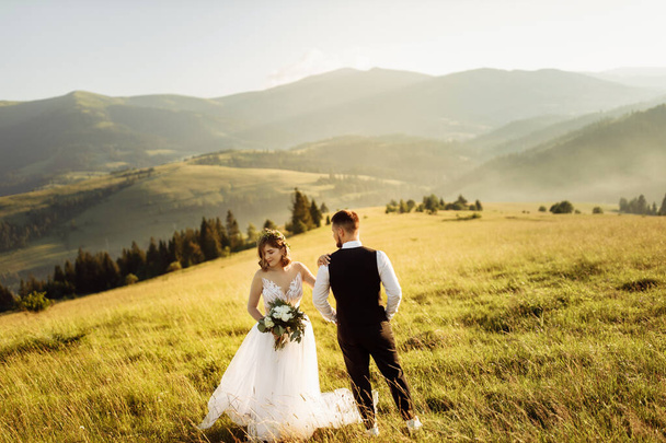 beautiful young wedding couple in love posing in mountains - Foto, Imagen