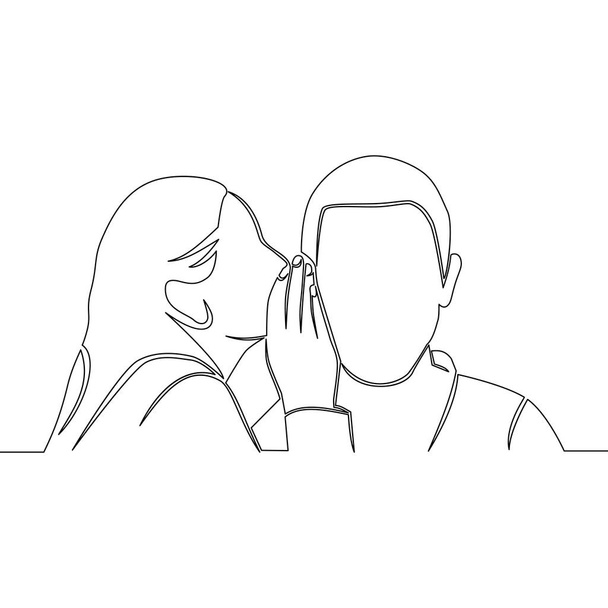 連続一本の線画女と男がささやきアイコンベクトルイラストのコンセプト - ベクター画像