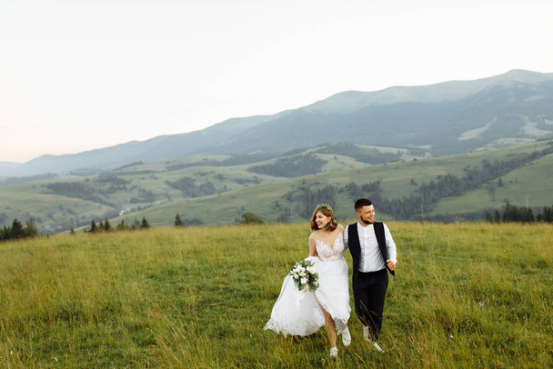 beautiful young wedding couple in love posing on the background of the mountains - Foto, Bild