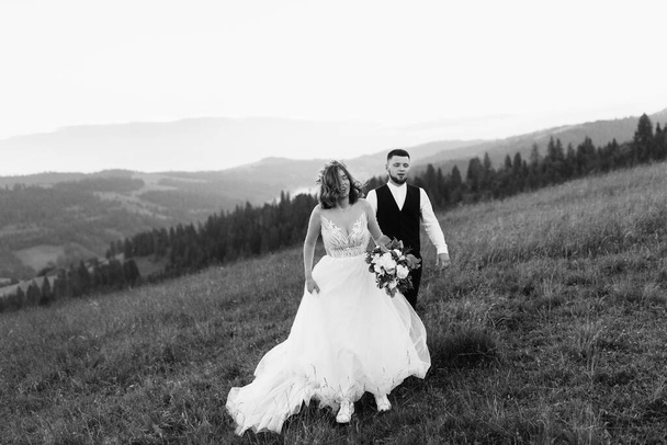 beautiful young wedding couple in love posing on the background of the mountains - Φωτογραφία, εικόνα