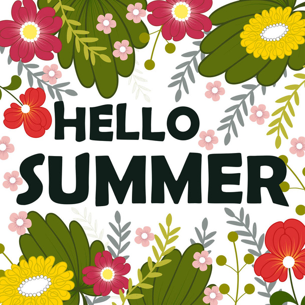 Lettering Hello Summer with flowers - Vector, Image
