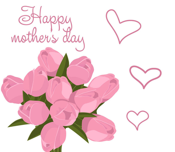 Boldog anyák napját. Egy csokor tulipán. Tavaszi virágok. Rózsaszín szívek. Vektor háttér. Reális virág - Vektor, kép