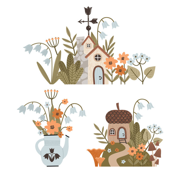 Fairy garden gnomes, houses, flowers and berries magical elements collection. Vector illustration in cartoon style. - ベクター画像