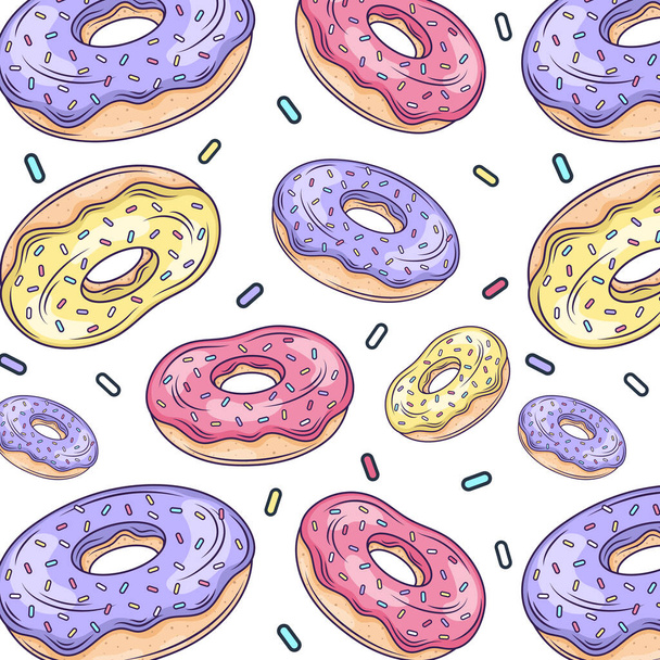Donuts μοτίβο, ψεκάζει και κέικ σχεδιασμό μοτίβο απεικόνιση τροφίμων. Χειροποίητο διανυσματικό σχέδιο ζαχαροπλαστικής. Γλυκό επιδόρπιο εικόνα αδιάλειπτη μοτίβο. - Διάνυσμα, εικόνα