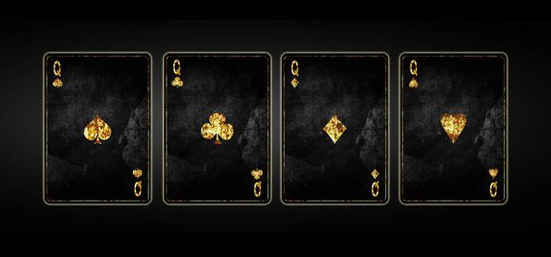 クィーンズ4枚黒の背景のグランジカード。ポーカーの背景.トランプ.ギャンブル. - 写真・画像