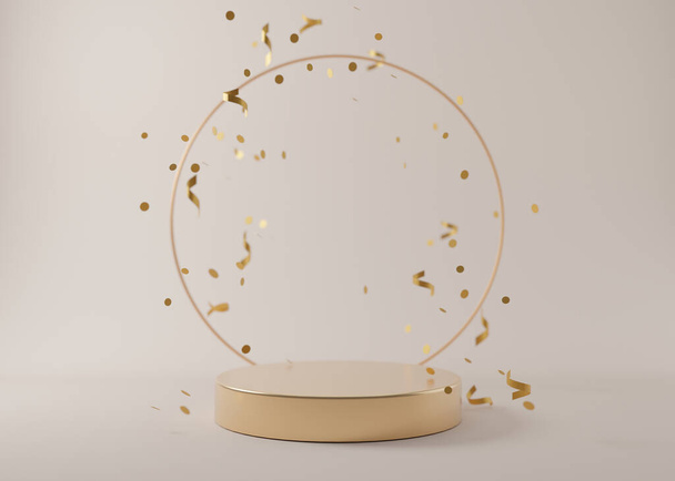 Golden podium with falling confetti on cream background. Elegant podium for product, cosmetic presentation. Luxury mockup. Pedestal or platform for beauty products. Empty scene. 3D rendering. - Photo, Image