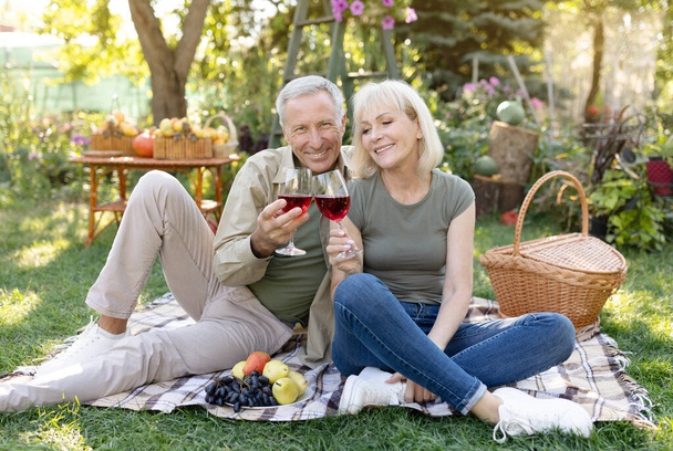 С годовщиной. Любящие женатые пожилые пары пьют вино, сидя на одеяле, устраивая пикник в своем саду - Фото, изображение