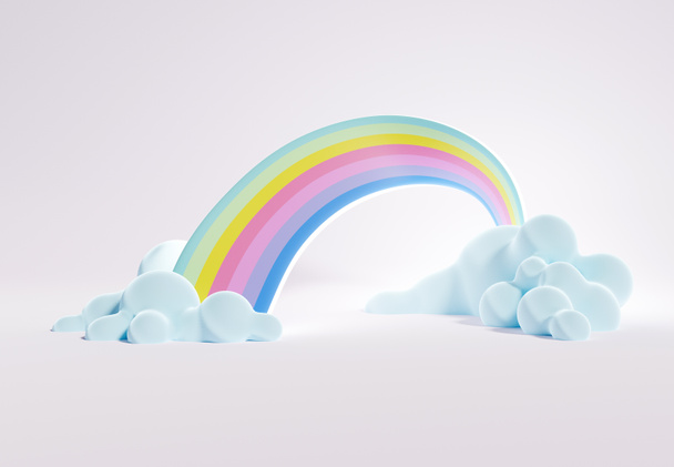 3D rendering of colorful pastel clouds and rainbow with empty space for kids or baby products. - Foto, Imagem