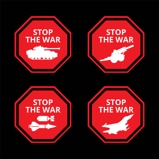 Detengan el vector de advertencia de guerra. Detenga la ilustración del icono de guerra con silueta de tanque, cañón, bomba de misiles y avión de guerra. - Vector, Imagen