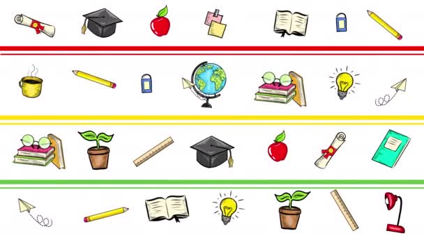 onderwijs en terug naar school concept met schoolbenodigdheden en iconen, animatie illustratie - Video