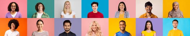 Cheerful multiethnic men and women posing on colorful backgrounds, collage - 写真・画像