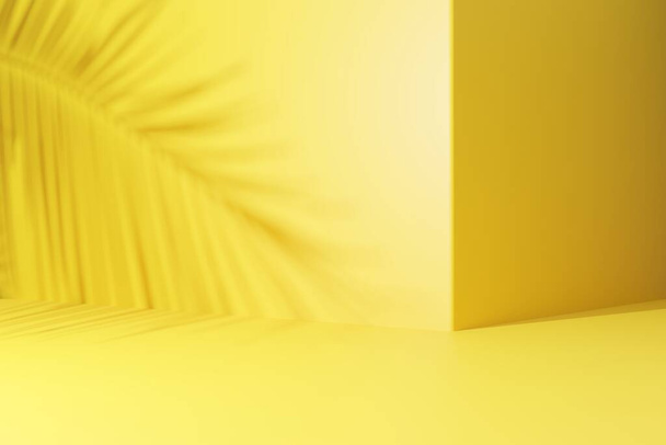 Sombra de hoja de palma sobre fondo abstracto de pared amarilla. Copiar el espacio de presentación del producto y el concepto de verano tropical. Diseño gráfico de renderizado 3D. - Foto, imagen