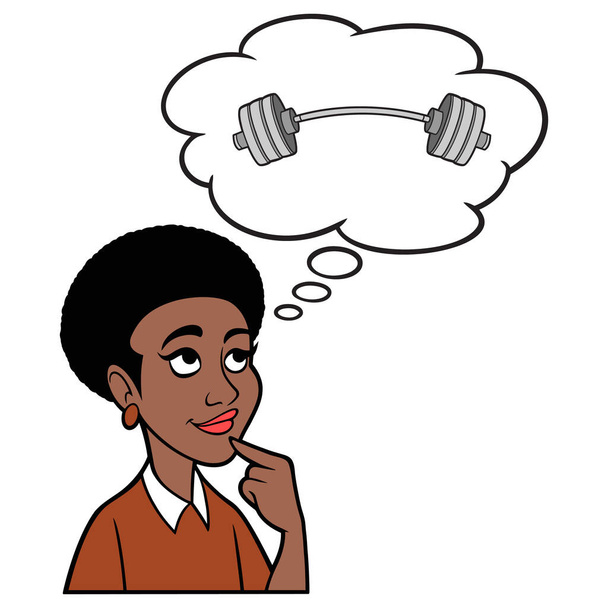 Mujer negra pensando en el entrenamiento con pesas - Una ilustración de dibujos animados de una mujer negra pensando en el entrenamiento con pesas. - Vector, Imagen