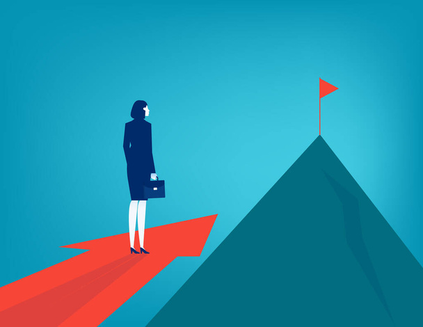 Business people standing on big arrow pointing on mountain peak. Business vector illustration concept - Vector, Image