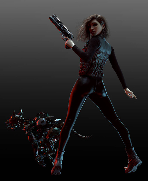 Dystopian tai Cyberpunk tyttö aseita ja robotti koira - Valokuva, kuva
