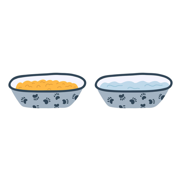 Dog or cat bowl with food and water in cartoon flat style. Vector illustration of pet accessories, kitten or puppy dish. - Vector, Image