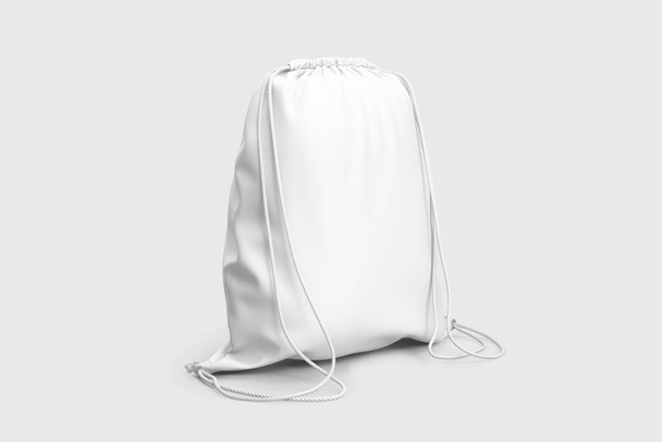 Drawstring bag, backpack or pouch isolated on white background. 3D rendering. Mock-up. Side view. - Photo, Image
