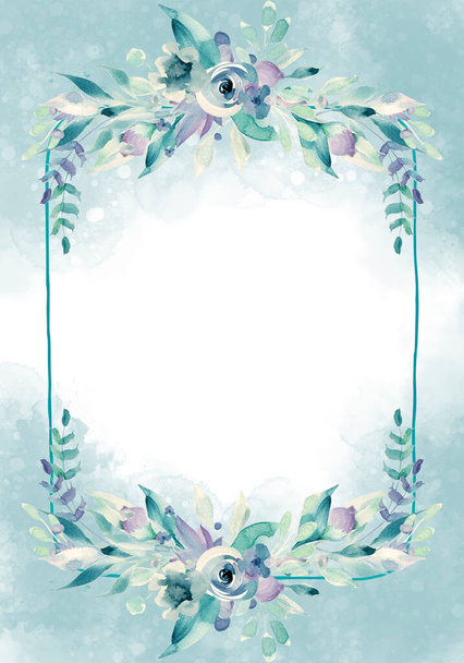 Feuilles bleu pâle et vert - bannière de design botanique. Cadre de bordure aquarelle pastel floral. - Photo, image