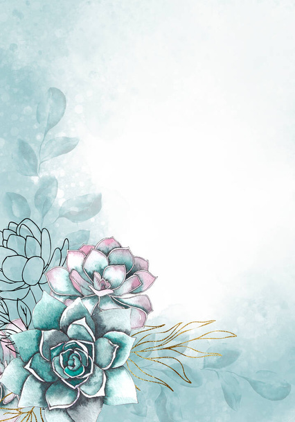 Pale blue and green leaves and flowers - botanical design banner. Floral pastel watercolor border frame. - Foto, immagini