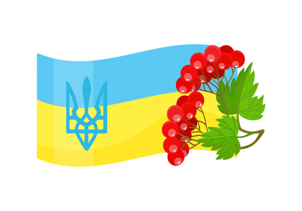 Украинский флаг, трезубец, символ Украины красный вибурнум. Карикатурный стиль. Изолированный объект. Иконно-векторная иллюстрация. - Вектор,изображение