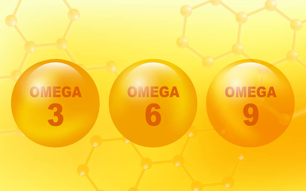 Διάνυσμα ωμέγα οξέα τρία έξι και εννέα χάπια ιχθυελαίου και το σύμβολο μόριο DNA σε κίτρινο φόντο. Acid epa dha 3, 6 και 9 οργανικά θρεπτικά συστατικά βιταμινών - Διάνυσμα, εικόνα