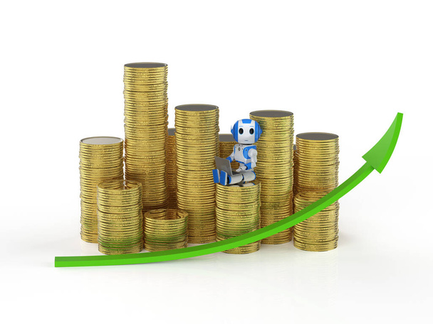 Trading robot with 3d rendering robot with stack of gold coins and graph - 写真・画像