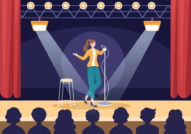 Stand Up Comedy Show Scène de théâtre avec rideaux rouges et microphone ouvert au comédien se produisant sur scène dans un dessin animé de style plat Illustration - Vecteur, image