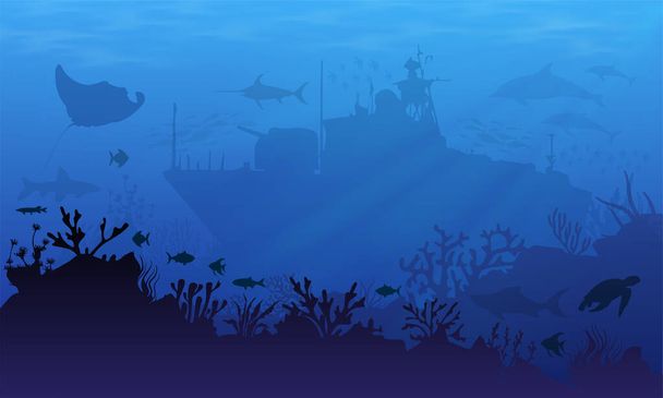 Підводний пейзажний фон з силуетом корабельної аварії, постріл, дельфін і черепаха. Підводний корабель Векторні ілюстрації
 - Вектор, зображення