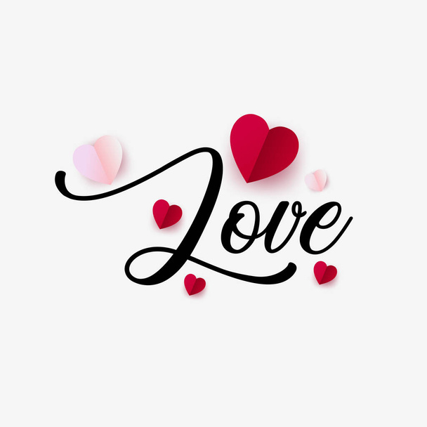 Valentines hart ontwerp met liefde hand belettering kalligrafie. Mooie papieren harten vector. - Vector, afbeelding